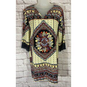 Boston Proper Tunic Dress Small Fringe 3/4 Sleeve Multicolor V-Neck Short 9682